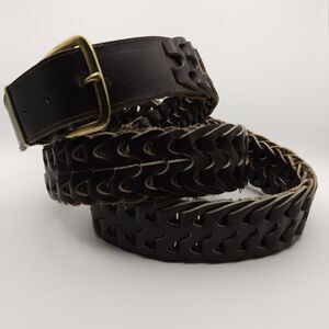 Brown Leather Belt Woven Braided Unisex Mahogany Brown Belt Changeble Buckle 45"